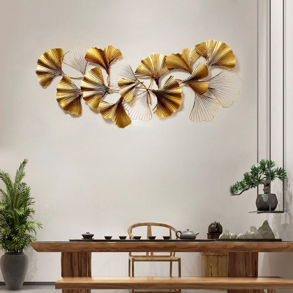 HMR - 3D Ginkgo Leaves Metal in 52"H x 23.6"W, Gold