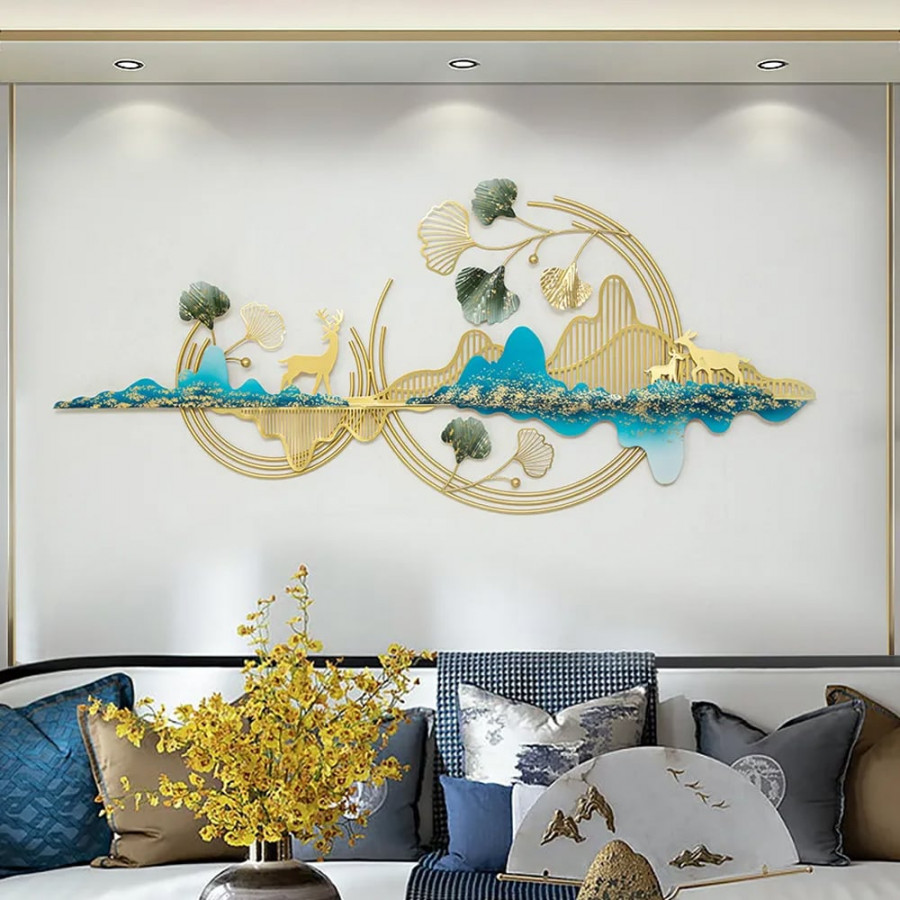 HMR - Metal Wall Decor with Deer and Mountain and Leaves in Gold and Blue and Green