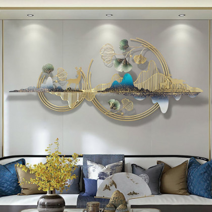HMR - Metal Wall Decor with Deer and Mountain and Leaves in Gold and Blue and Green