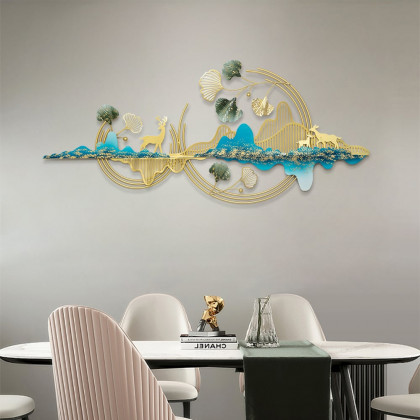 HMR - Metal Wall Decor with Deer and Mountain and Leaves in Gold and Blue and Green