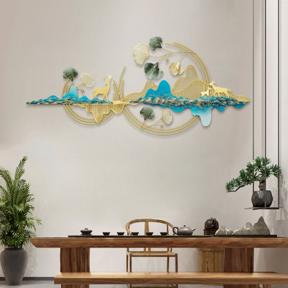 HMR - Metal Wall Decor with Deer and Mountain and Leaves in Gold and Blue and Green