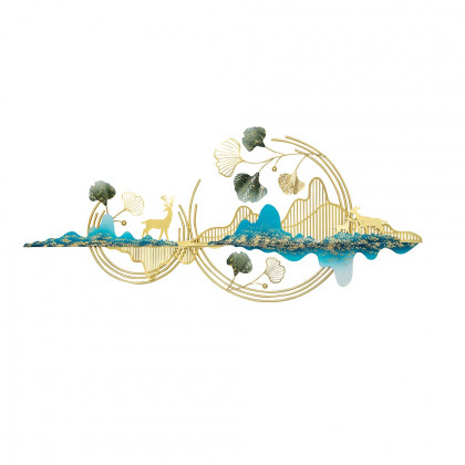 HMR - Metal Wall Decor with Deer and Mountain and Leaves in Gold and Blue and Green