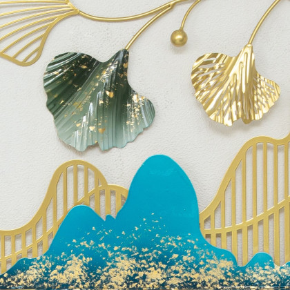 HMR - Metal Wall Decor with Deer and Mountain and Leaves in Gold and Blue and Green
