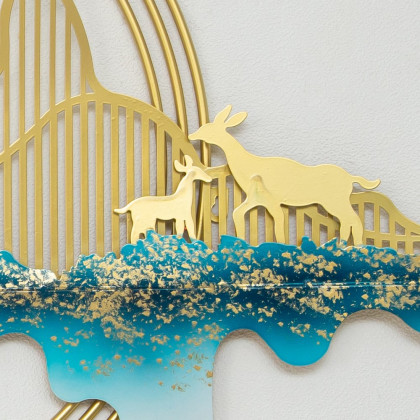 HMR - Metal Wall Decor with Deer and Mountain and Leaves in Gold and Blue and Green