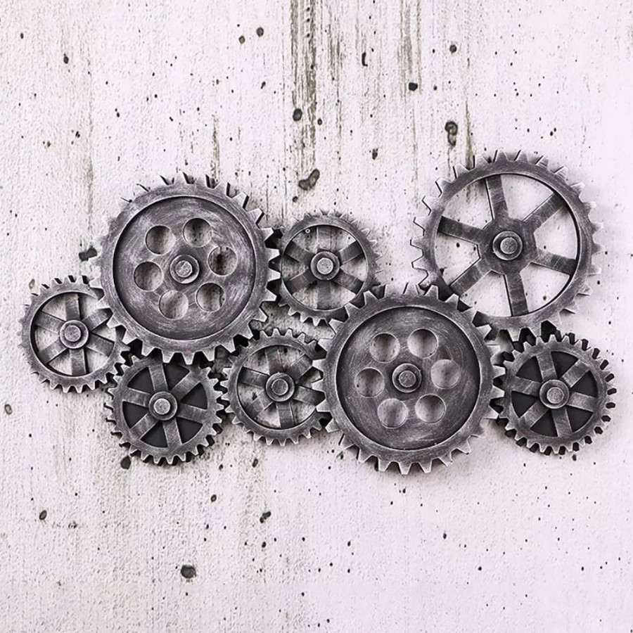 HMR - Distressed Wall Decor with Gear Design in Silver