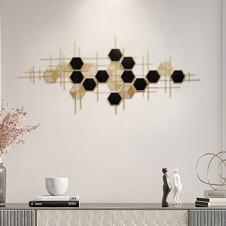 HMR - Geometric Metal Wall Art Hexagon Shape in Gold and Black