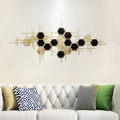 HMR - Geometric Metal Wall Art Hexagon Shape in Gold and Black