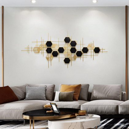 HMR - Geometric Metal Wall Art Hexagon Shape in Gold and Black