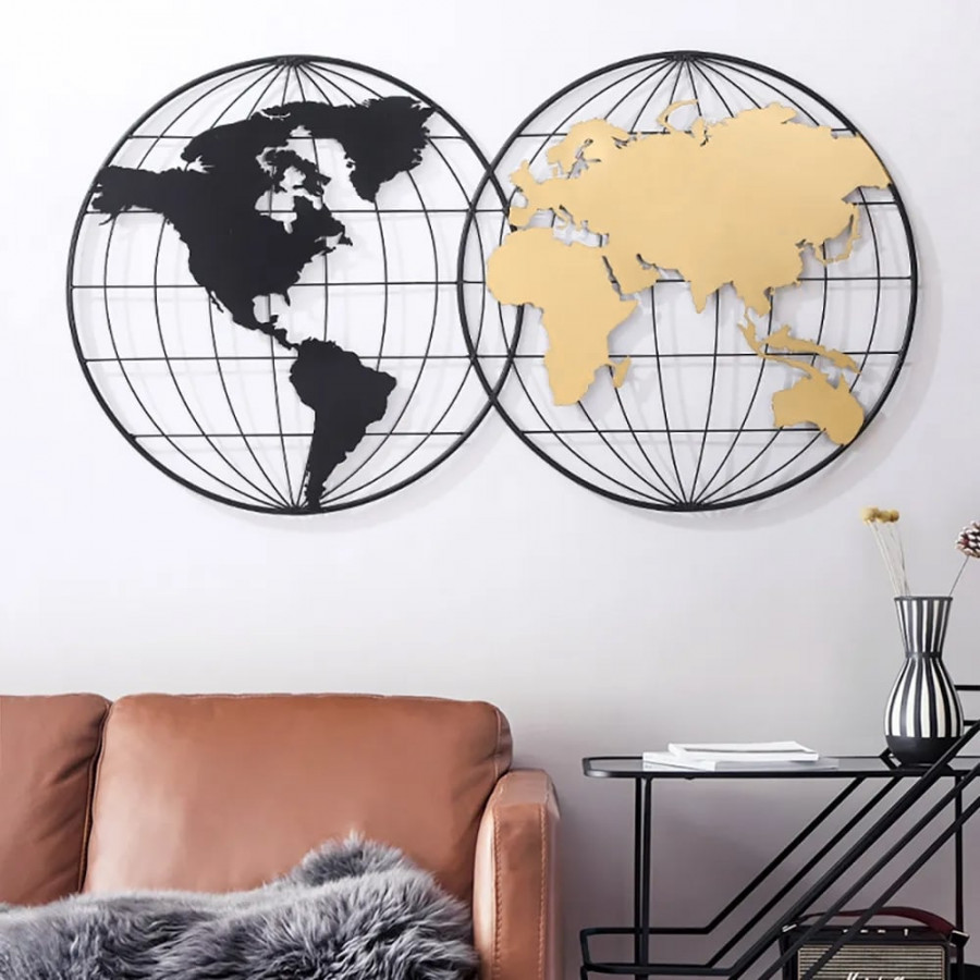 HMR - Geometry World Map with Metal Round Frame in Black and Gold