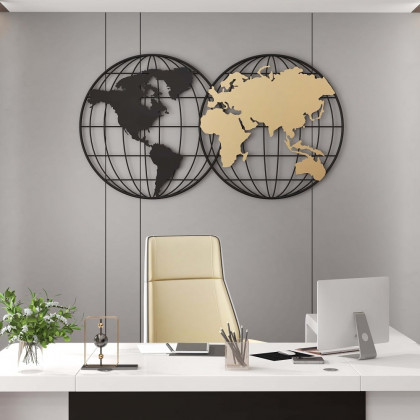 HMR - Geometry World Map with Metal Round Frame in Black and Gold