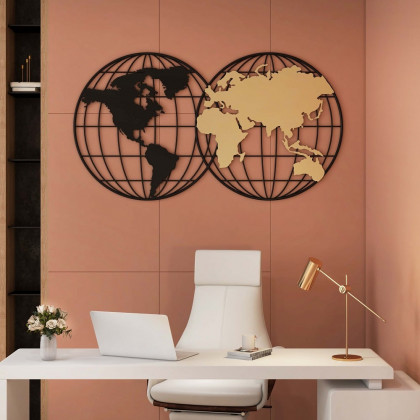 HMR - Geometry World Map with Metal Round Frame in Black and Gold