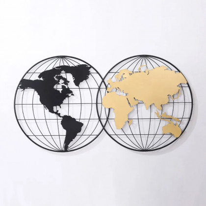 HMR - Geometry World Map with Metal Round Frame in Black and Gold