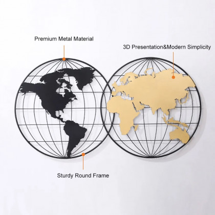 HMR - Geometry World Map with Metal Round Frame in Black and Gold