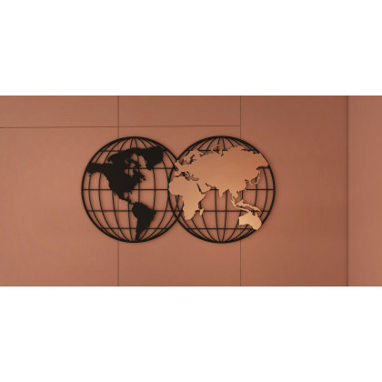 HMR - Geometry World Map with Metal Round Frame in Black and Gold
