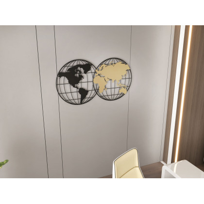 HMR - Geometry World Map with Metal Round Frame in Black and Gold