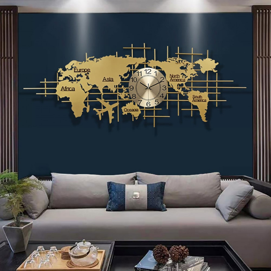 HMR - Oversized World Map Wall Clock Metal Home Decor in Gold