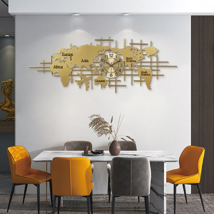 HMR - Oversized World Map Wall Clock Metal Home Decor in Gold