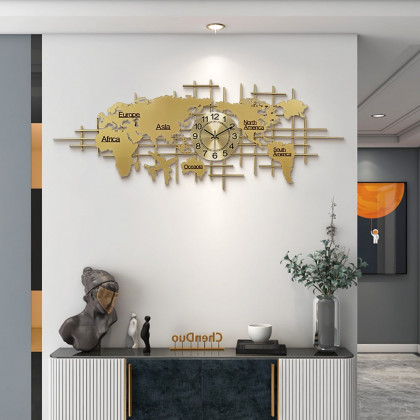 HMR - Oversized World Map Wall Clock Metal Home Decor in Gold