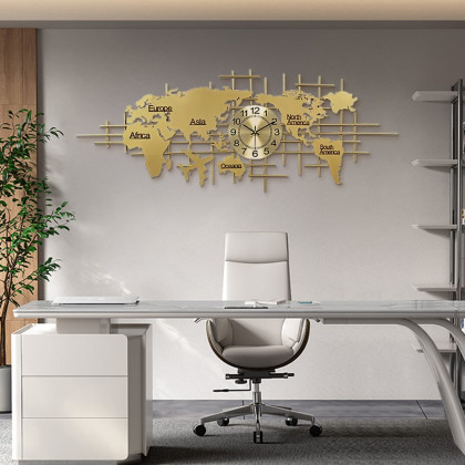 HMR - Oversized World Map Wall Clock Metal Home Decor in Gold