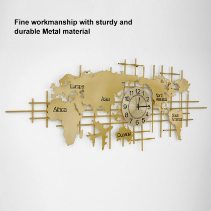HMR - Oversized World Map Wall Clock Metal Home Decor in Gold