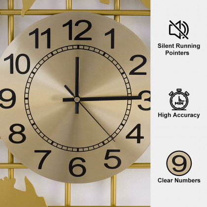 HMR - Oversized World Map Wall Clock Metal Home Decor in Gold