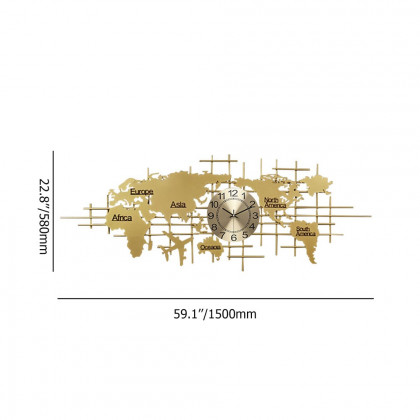 HMR - Oversized World Map Wall Clock Metal Home Decor in Gold