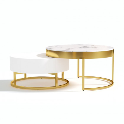 HMR Nesnesis Series Modern Round Nesting Coffee Table with Drawers - White