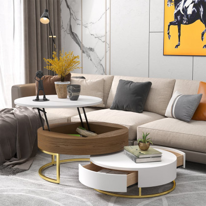 HMR Nesnesis Series Modern Round Nesting Coffee Table with 2 Drawers - White/Walnut
