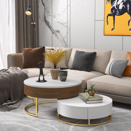 HMR Nesnesis Series Modern Round Nesting Coffee Table with 2 Drawers - White/Walnut