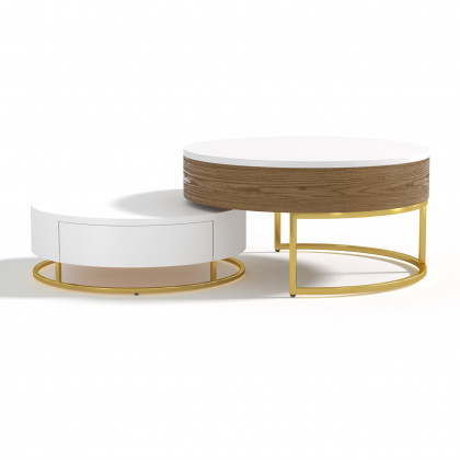 HMR Nesnesis Series Modern Round Nesting Coffee Table with 2 Drawers - White/Walnut