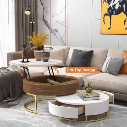 HMR Nesnesis Series Modern Round Nesting Coffee Table with 2 Drawers - White/Walnut