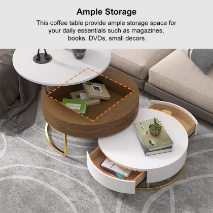 HMR Nesnesis Series Modern Round Nesting Coffee Table with 2 Drawers - White/Walnut