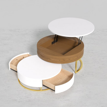 HMR Nesnesis Series Modern Round Nesting Coffee Table with 2 Drawers - White/Walnut