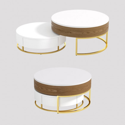 HMR Nesnesis Series Modern Round Nesting Coffee Table with 2 Drawers - White/Walnut