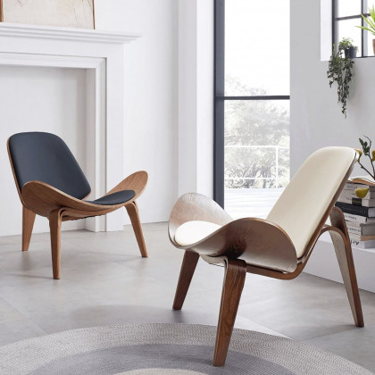 HMR Leather Walnut Tripod Accent Chair - Black