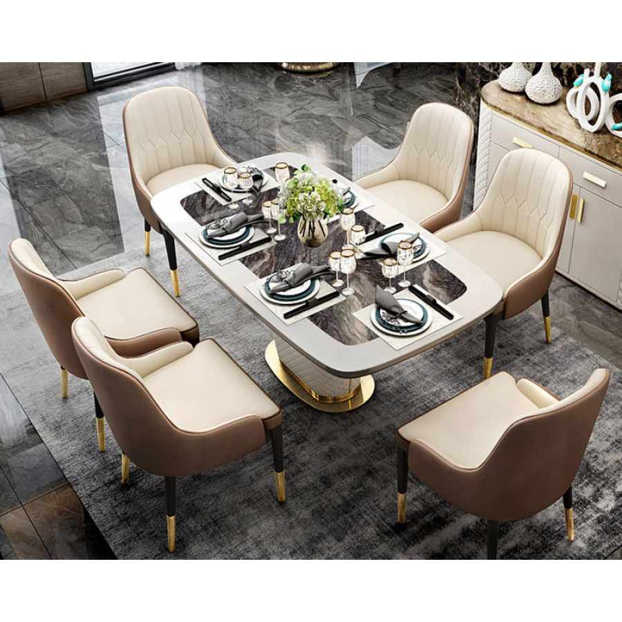 HMR - Rectangular Pedestal Dining Table PU Leather in 63"L, Gold