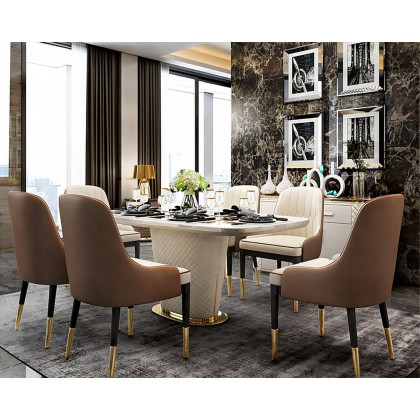 HMR - Rectangular Pedestal Dining Table PU Leather in 63"L, Gold