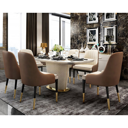 HMR - Rectangular Pedestal Dining Table PU Leather in 63"L, Gold