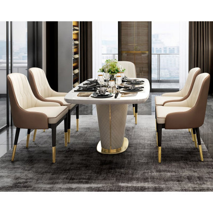 HMR - Rectangular Pedestal Dining Table PU Leather in 63"L, Gold