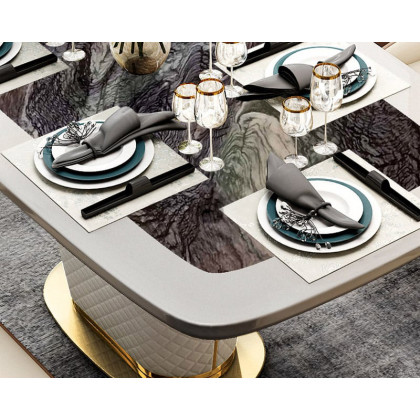 HMR - Rectangular Pedestal Dining Table PU Leather in 63"L, Gold