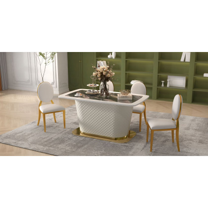 HMR - Rectangular Pedestal Dining Table PU Leather in 63"L, Gold