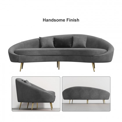 HMR Modern 83" Curved Sofa with Velvet Upholstery and Toss Pillow - Gray