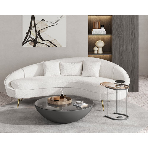 HMR Modern 95" Curved Sofa with Boucle Upholstery and Toss Pillow - White