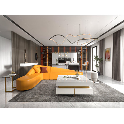 HMR Modern 6-Seater L-Shaped Corner Faux Leather Upholstery Sectional Sofa - Orange