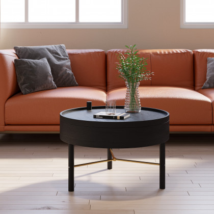 HMR - Modern Round Wood Rotating Tray Coffee Table with Storage & Metal Legs