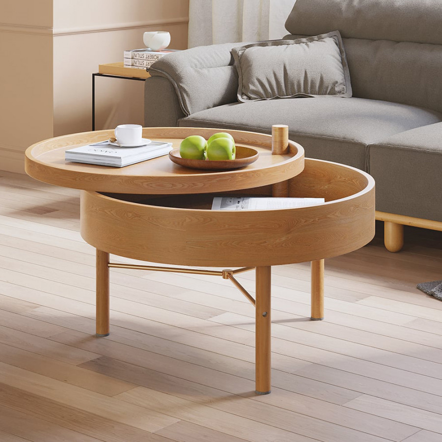HMR Modern Round Wood Rotating Tray Coffee Table with Storage & Metal Legs - Natural