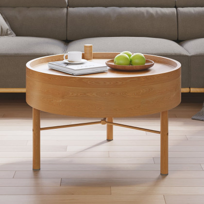 HMR Modern Round Wood Rotating Tray Coffee Table with Storage & Metal Legs - Natural