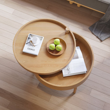 HMR Modern Round Wood Rotating Tray Coffee Table with Storage & Metal Legs - Natural