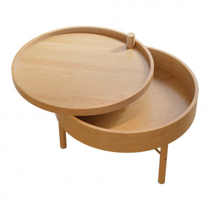HMR Modern Round Wood Rotating Tray Coffee Table with Storage & Metal Legs - Natural