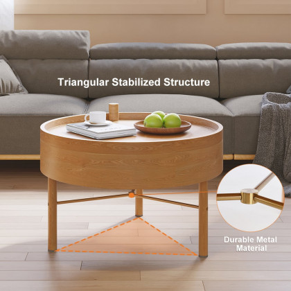 HMR Modern Round Wood Rotating Tray Coffee Table with Storage & Metal Legs - Natural